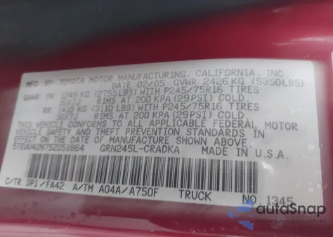 2005 Toyota Tacoma Base V6 z USA, uszkodzony, nr VIN 5TEUU42N75Z051864